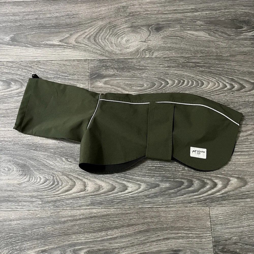 Hound Co Dog Raincoat Sz A2 Green Reflective Adjustable Hook And Loop Neck Cinch